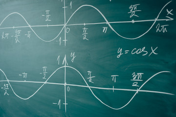 Math lesson. Sine and cosine functions. Graphics graphics drawn on the Board