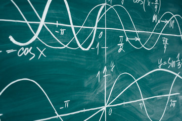 School math lesson. Trigonometry. Chalkboard Function graphs. - obrazy, fototapety, plakaty