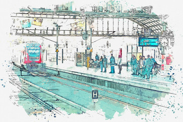 A watercolor sketch or an illustration. Germany. Berlin. The central station is called Berlin Hauptbahnhof. People are waiting for the train on the platform.