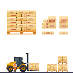 Cement icon, vector illustration of cement sacks on a pallet, builder and loader