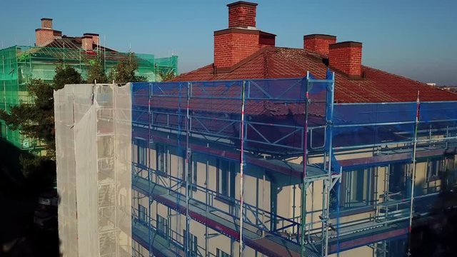 Aerial footage of a construction site / scaffolding in Stockholm, Sweden