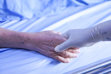 Touching hands Asian senior or elderly old lady woman patient with love, care, helping, encourage...