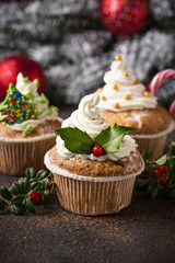 Christmas festive cupcake with different decorations