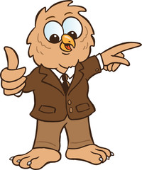 Owl cartoon character pointing thumbs up