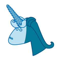 blue silhouette of face side view of male unicorn with mane