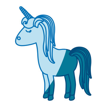 blue silhouette of cartoon unicorn standing with closed eyes and striped mane