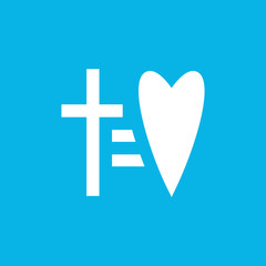 Obraz premium Cross equal to heart vector icon. Laconic religious symbol logo template. Faith and love logotype. Linear style sign. White flat abstract symbol. Isolated vector illustration on blue background.