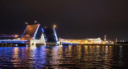 Fototapeta na wymiar The brightly lit divorced Palace Bridge, the Spit of Vasilyevsky Island and the Kunstkamera building at night in St. Petersburg. Russia