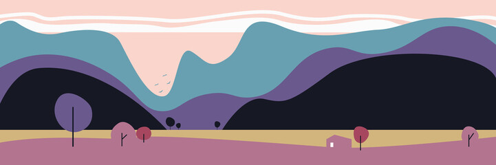 Vector minimalistic landscape on the background of mountains.