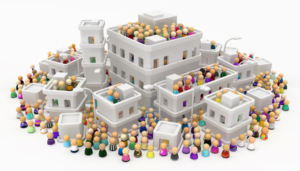 Cartoon Crowd, Buildings Town Dense