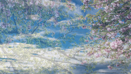 Transparent floral background, over sky background with soft clouds