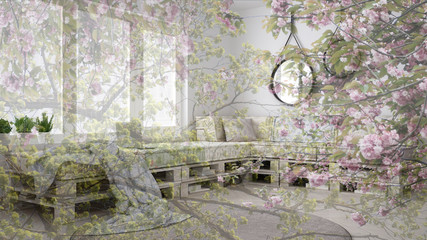 Transparent floral background, over scandinavian white living, concept ecological interior design