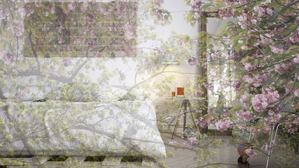 Transparent floral background, over modern contemporary bedroom, concept ecological interior design