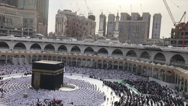 Timelapse of Muslim pilgrims in white ihram cloth from lines facing the Kaaba and perform noon prayer.