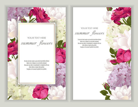 Vector banners set with roses, tulips and hydrangea flowers.Template for greeting cards, wedding decorations, invitation ,sales. Spring or summer design. Place for text.