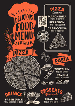 Pizza food menu template for restaurant with chefs hat lettering.