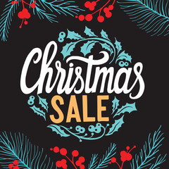 Christmas sale background with holiday decorations on a chalkboard vector illustration banner for xmas special promotion. Design poster with vintage lettering and hand-drawn graphic elements.