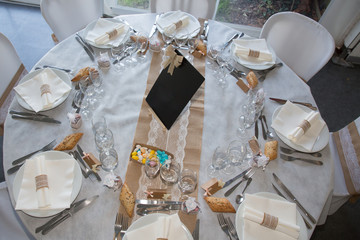 Table set for an event party wedding reception in fvlat top view