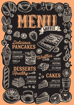 Waffle and pancake menu for restaurant with frame of hand-drawn fruits and sweets.