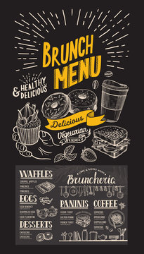 Brunch restaurant menu on chalkboard background. Vector food flyer for bar and cafe. Design template with vintage hand-drawn illustrations.