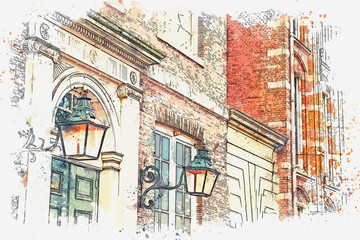 illustration or watercolor sketch. Traditional old architecture in Amsterdam. European architecture.