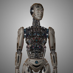 Robot Man or very detailed futuristic cyborg with uncovered internal body parts. Isolated on background. view. 3D Render