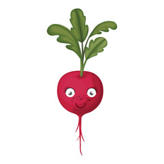 white background with realistic red beet caricature with stem and leaves