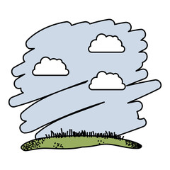 watercolor landscape silhouette of sky with clouds and grass field with thick contour