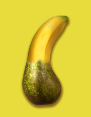 BANANA AND PEAR HYBRID ISOLATED ON YELLOW BACKGROUND