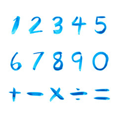 set of blue number hand drawn watercolor illustration on white background