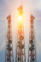 communication tower or 4G 5G network telephone cellsite at sunset sky background