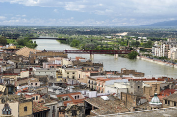 Top view of the Ebro River and the city of Tortosa.