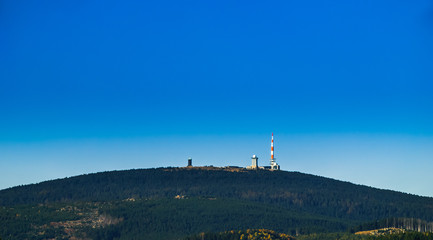 View on landscape of Harz mountain with and highest summit Brocken in fall
