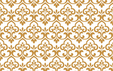 Wallpaper in the style of Baroque. Seamless vector background. White and gold floral ornament. Graphic pattern for fabric, wallpaper, packaging. Ornate Damask flower ornament