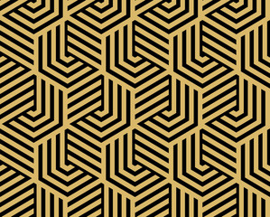 Abstract geometric pattern with stripes, lines. Seamless vector background. Gold and black ornament. Simple lattice graphic design