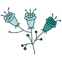 watercolor silhouette with set of flowers with stem and leaves on aquamarine