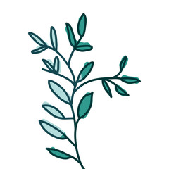 watercolor hand drawn silhouette of branch with aquamarine leaves