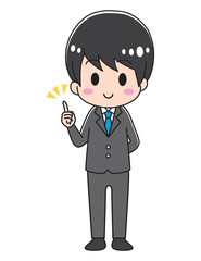 A man with a suit to stand his index finger