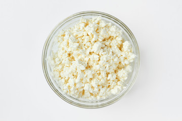 Fresh cottage cheese in glass bowl. Healthy natural dairy product. Dairy products and diet.