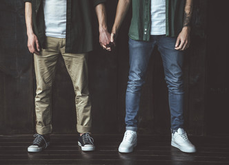 We are happy together. Cropped portrait of two young guys holding hands while posing against wooden wall