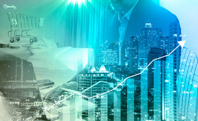 Businessman calculating budget before signing real estate project contract .double exposure style...