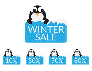Set of Cute Penguins behind a Blue sign with snow, discounts and Winter sale text