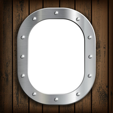Window ship porthole with white background. On a wooden wall.
