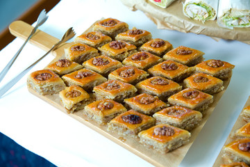 Azerbaijan baklava. Traditional Azerbaijan dessert baklava. Sweet Azerbaijan pastry closeup baklava. Paxlava is available for guests at the hotel . Pakhlava