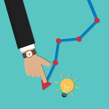 Cost down, decrease graph. Decrease down profit. Declining chart and light bulb icon. Simple solutions concept vector