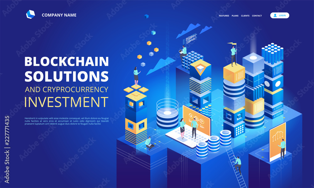 Poster cryptocurrency and blockchain isometric composition. platform creation of digital currency.