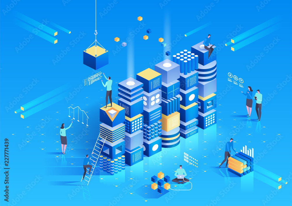 Poster cryptocurrency and blockchain isometric composition with people