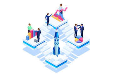 Graph to discuss, consulting company launch new startup. Product insurance or tech dashboard space. Infographic with characters and text flat isometric concept. Vector illustration