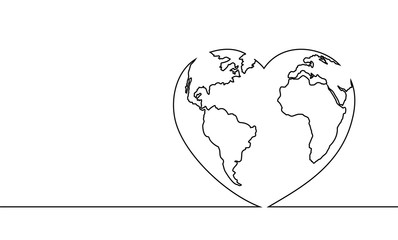 Vector illustration of the continuous line drawing of the heart and world. The world of love. The happy world day.