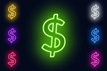 Neon dollar sign in various color options on a dark background .